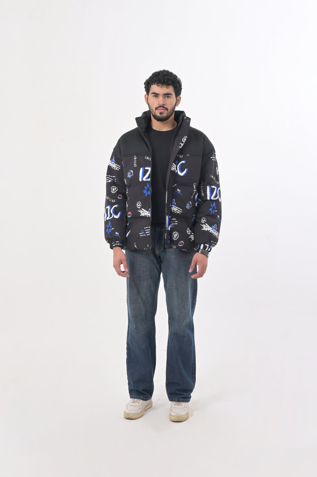 Bold Black Graphic Print Puffer Jacket