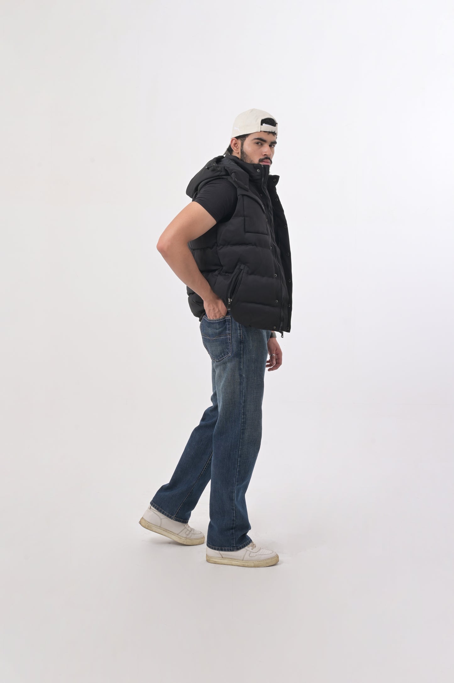 Black Utility Puffer Vest with Detachable Hood