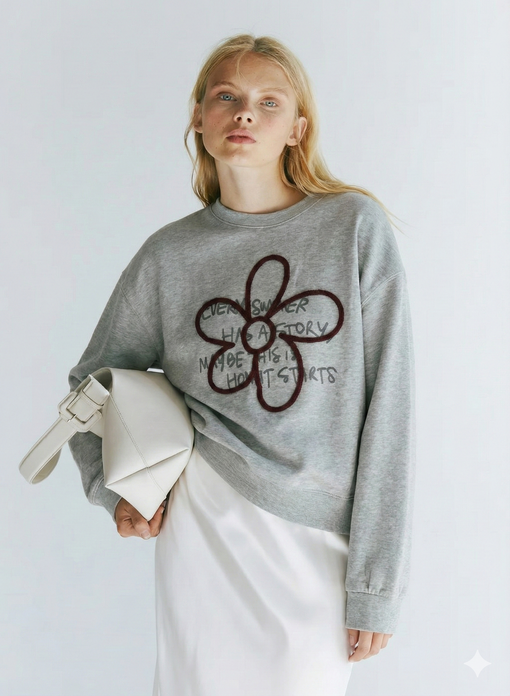 Gray Graphic Sweatshirt with Floral Accent