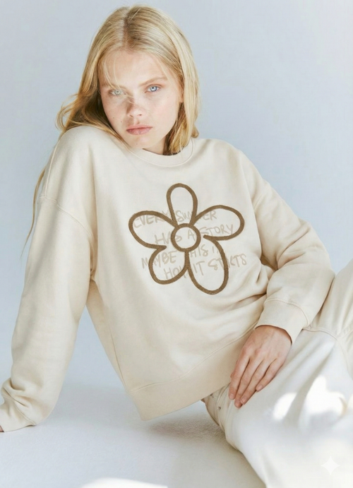 Biege Graphic Sweatshirt with Floral Accent