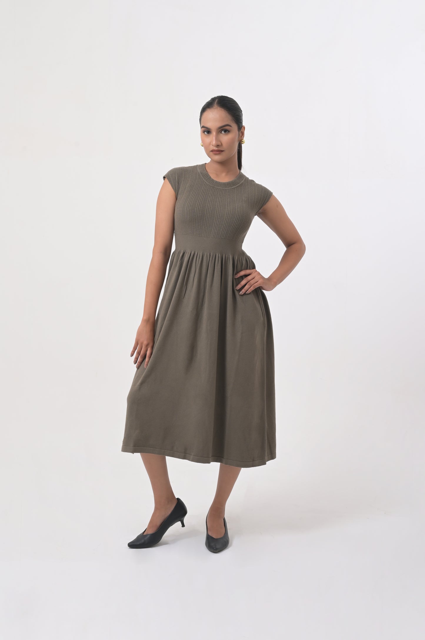 Olive Midi Dress with Ribbed Bodice and Flowy Skirt