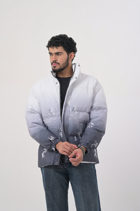 White Ombre Space Print Puffer Jacket