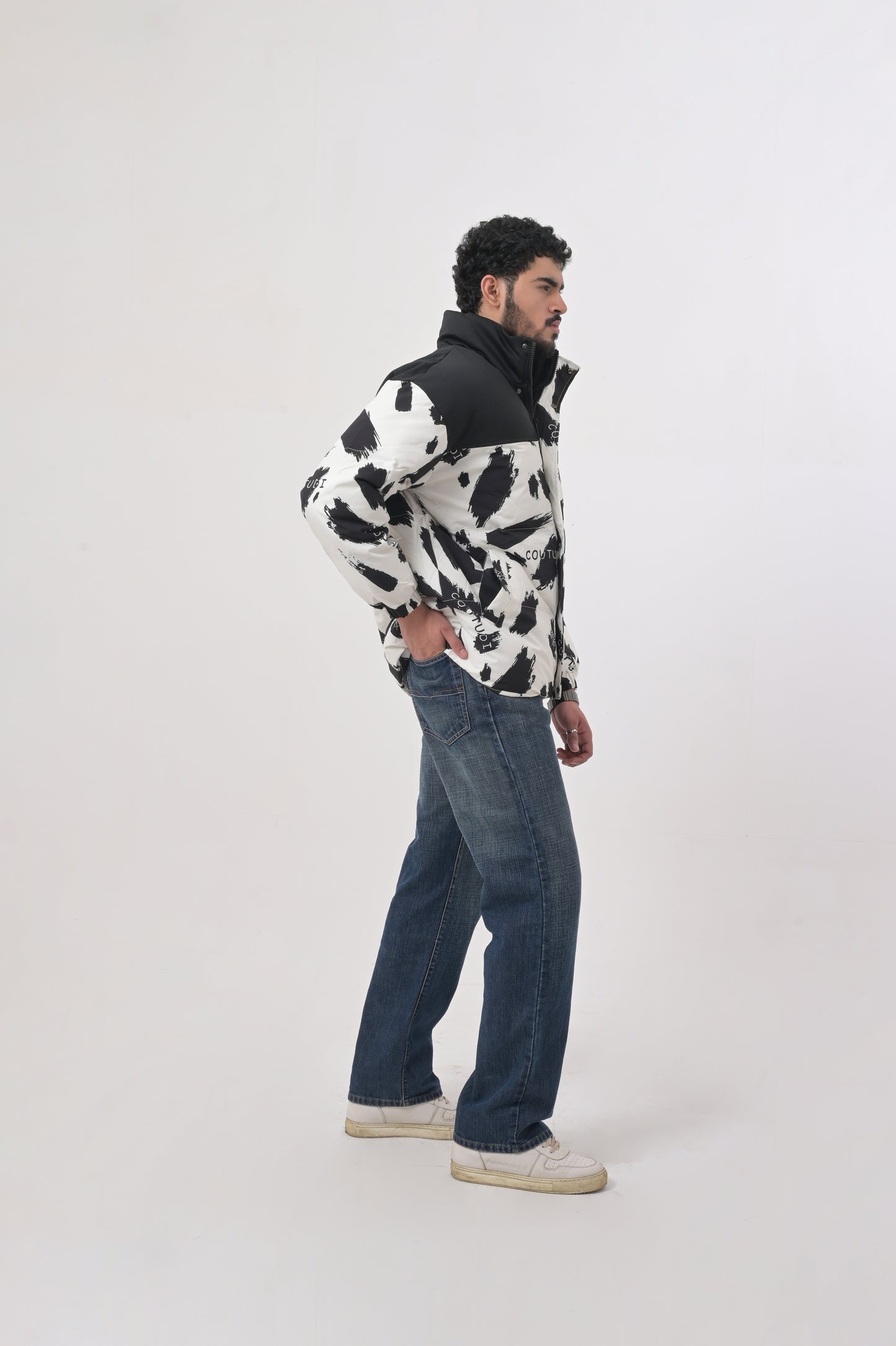 Monochrome Brushstroke Puffer Jacket