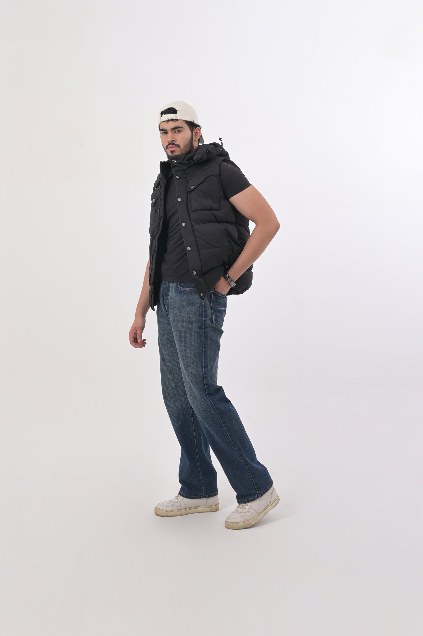 Black Utility Puffer Vest with Detachable Hood