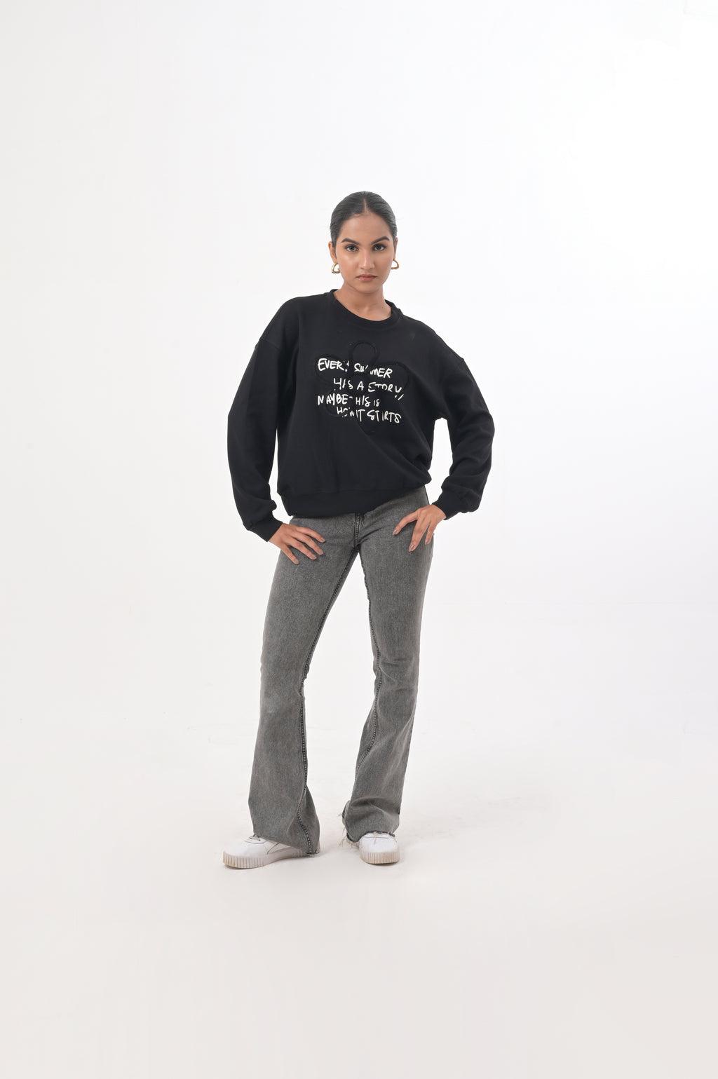 Biege Graphic Sweatshirt with Floral Accent