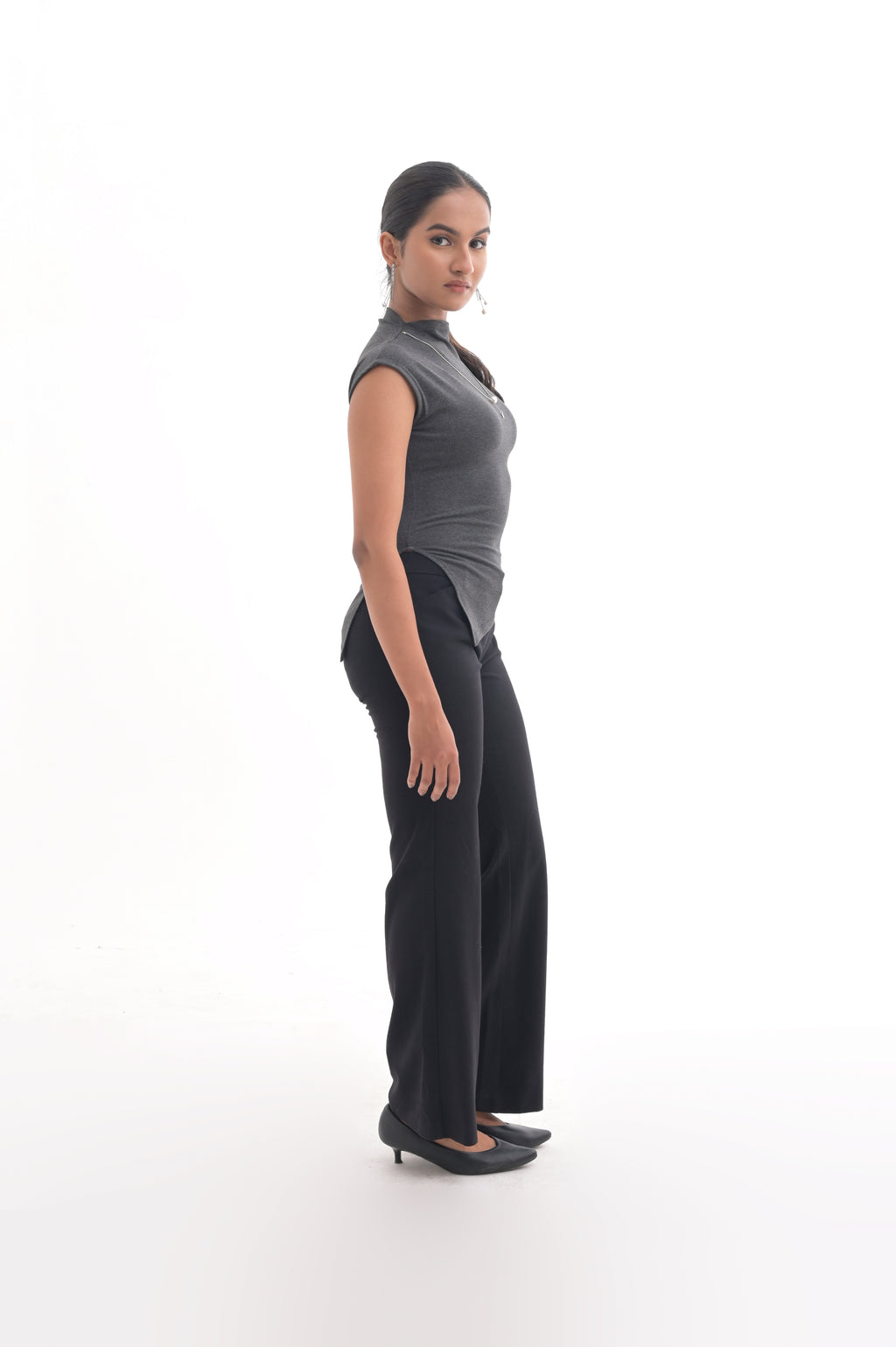 Charcoal Grey High-Neck Asymmetrical Top