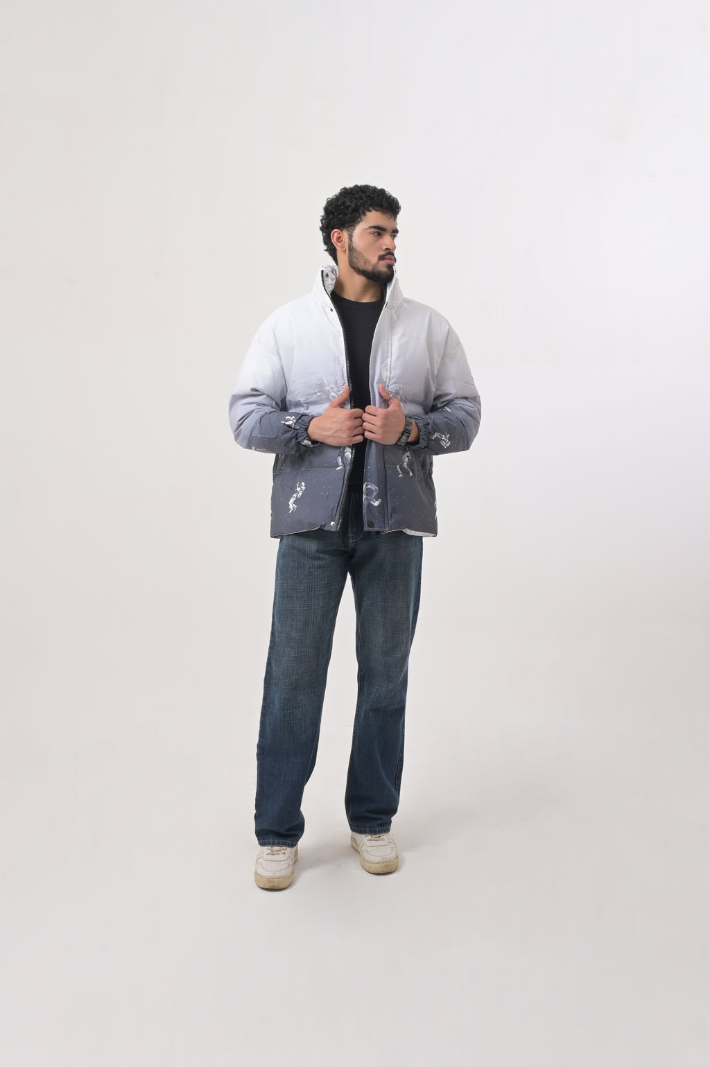 White Ombre Space Print Puffer Jacket