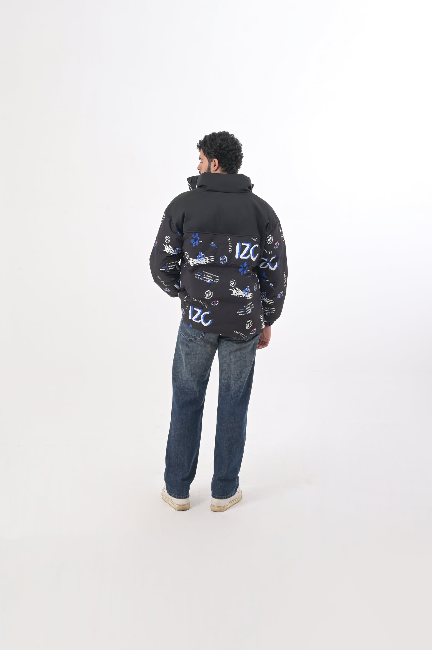 Bold Black Graphic Print Puffer Jacket