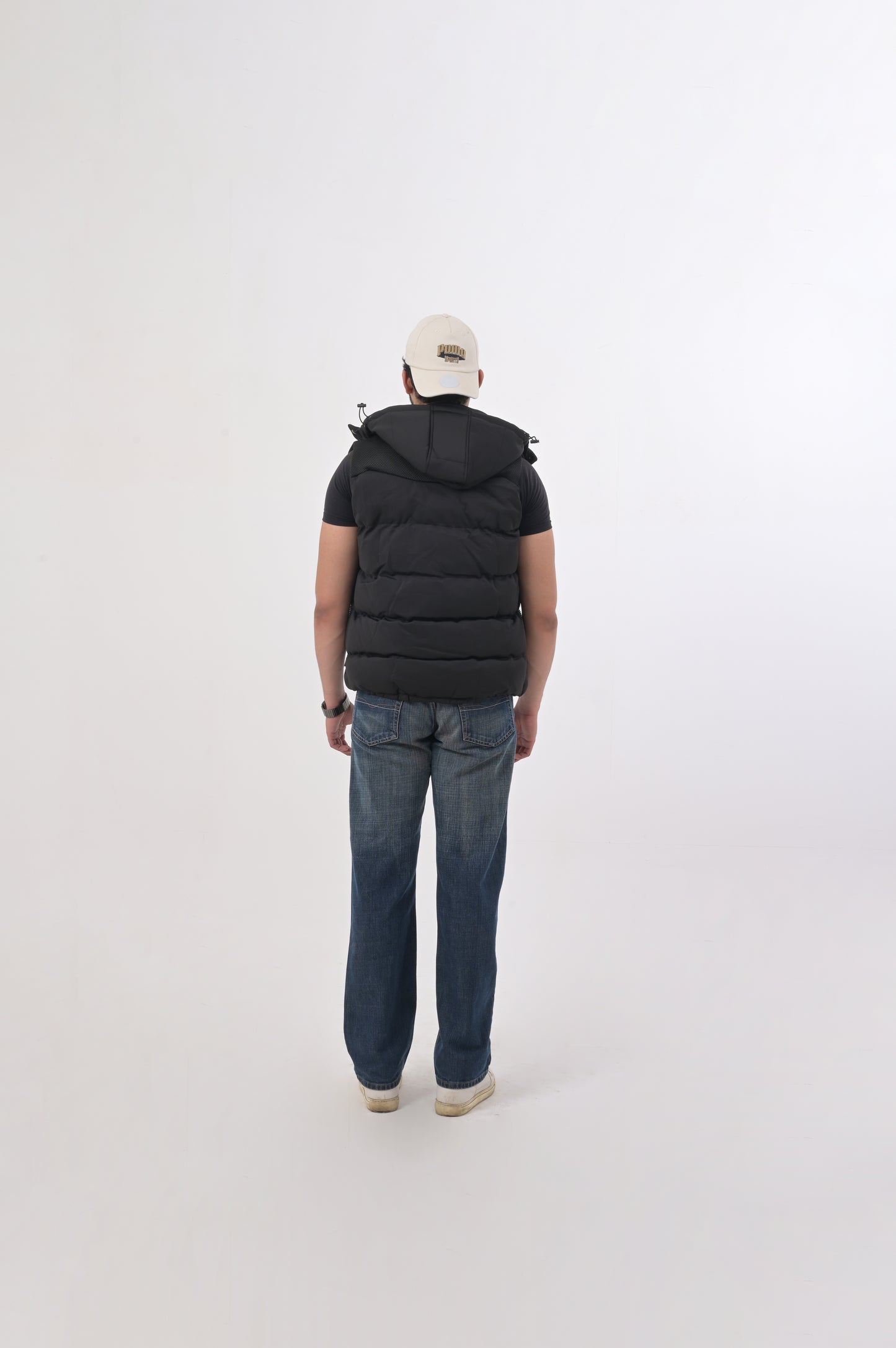 Black Utility Puffer Vest with Detachable Hood