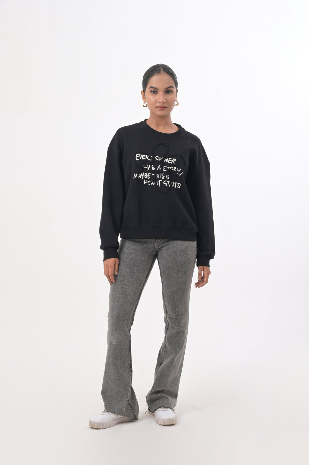 Biege Graphic Sweatshirt with Floral Accent