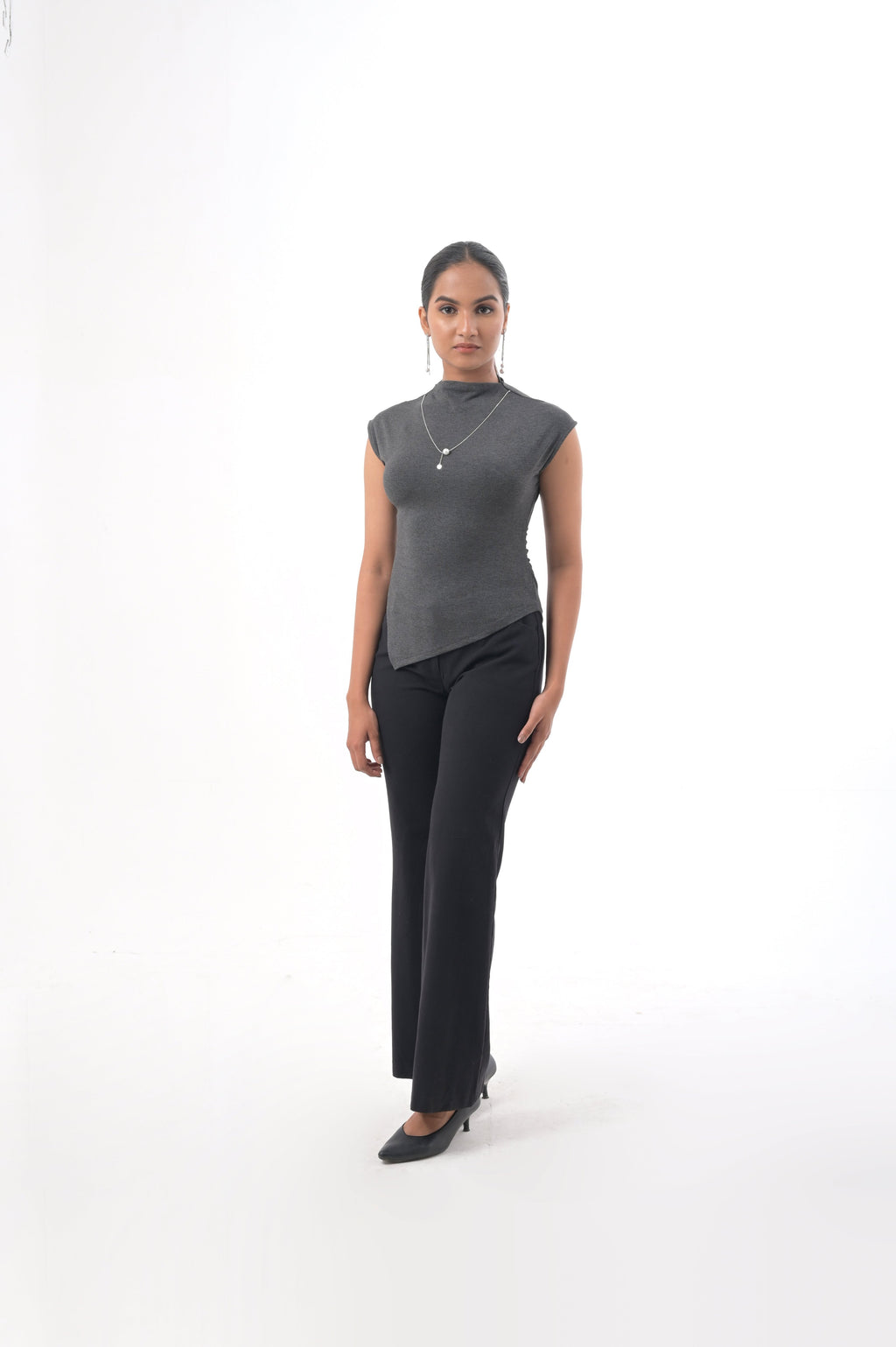 Charcoal Grey High-Neck Asymmetrical Top