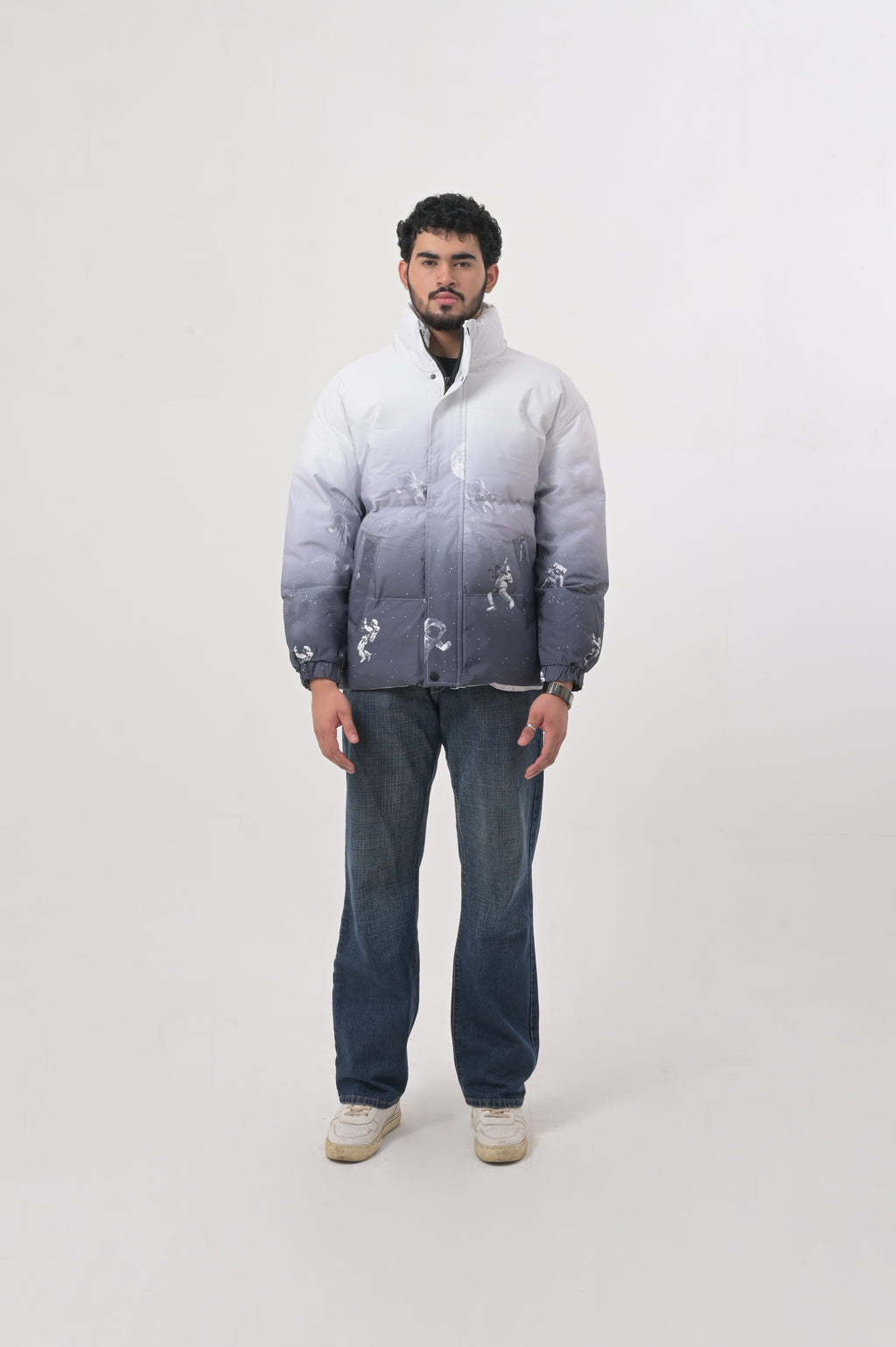 White Ombre Space Print Puffer Jacket