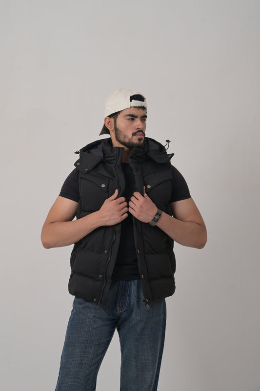 Black Utility Puffer Vest with Detachable Hood