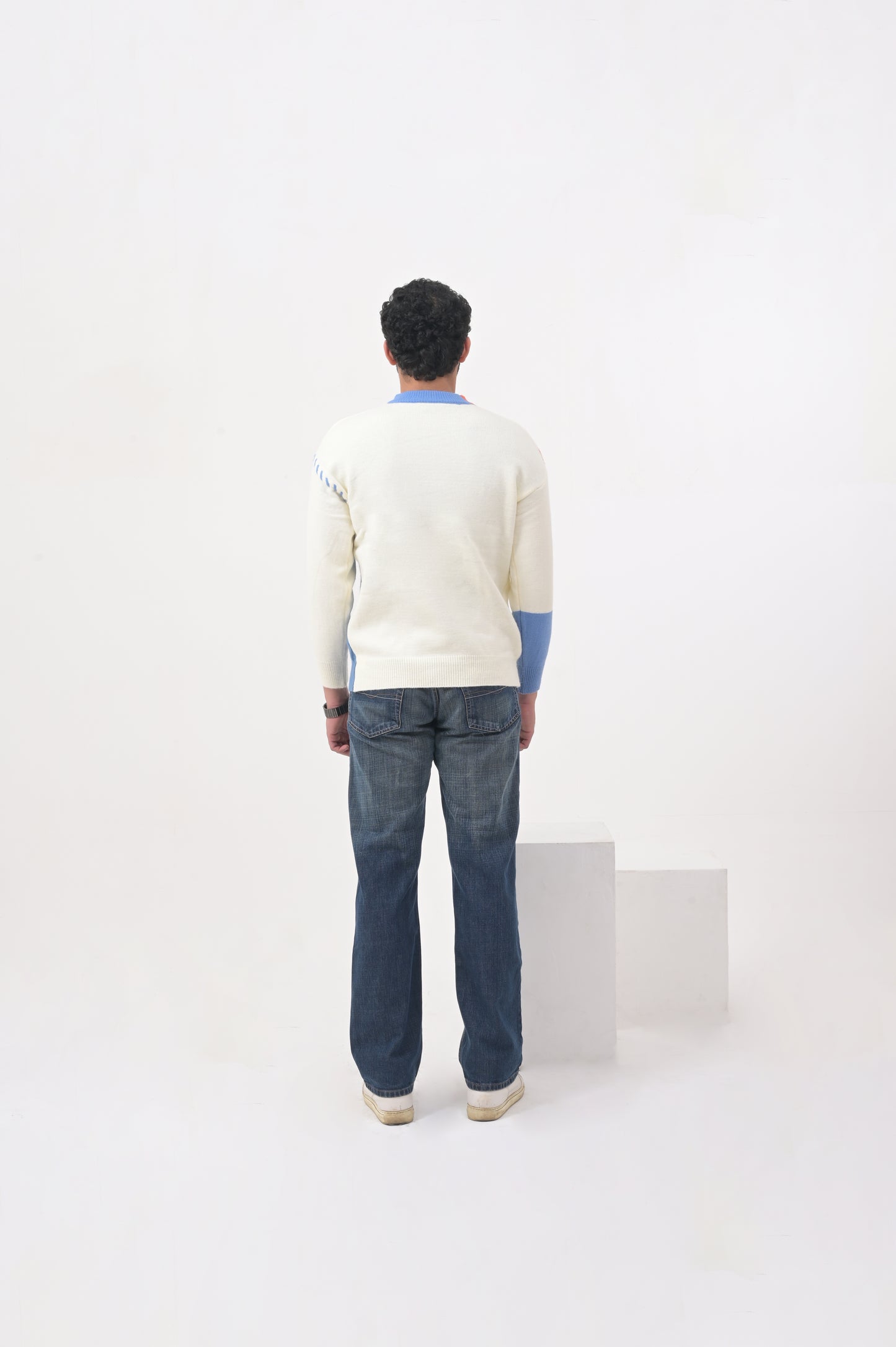 White Colorblock Cable-Knit Sweater