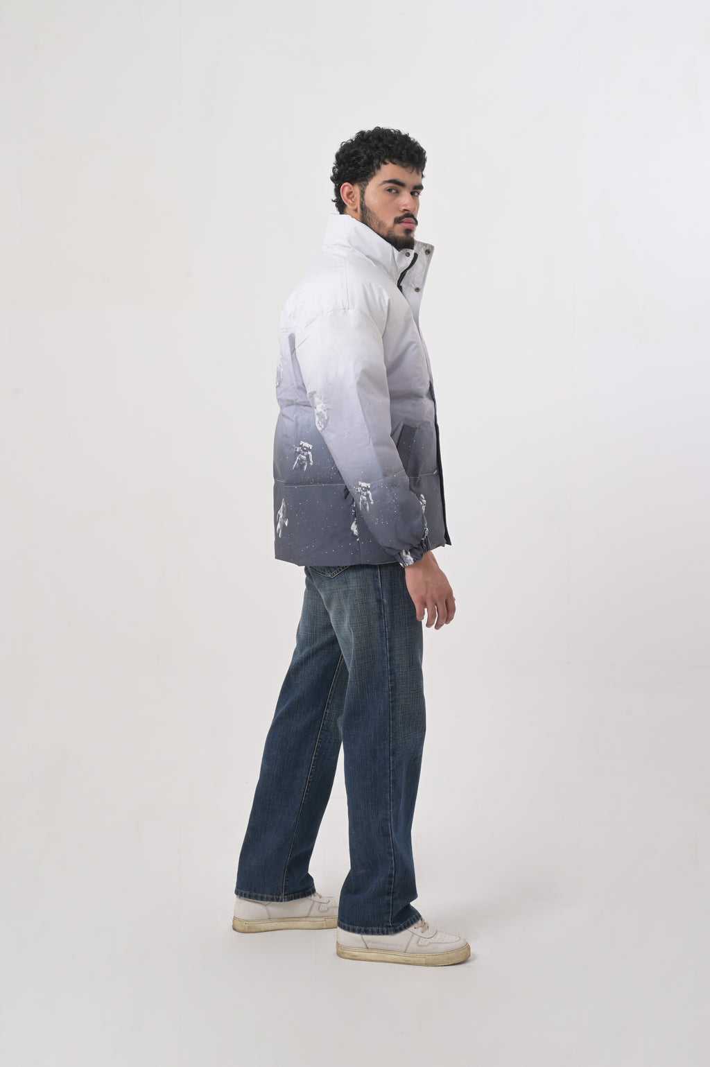 White Ombre Space Print Puffer Jacket