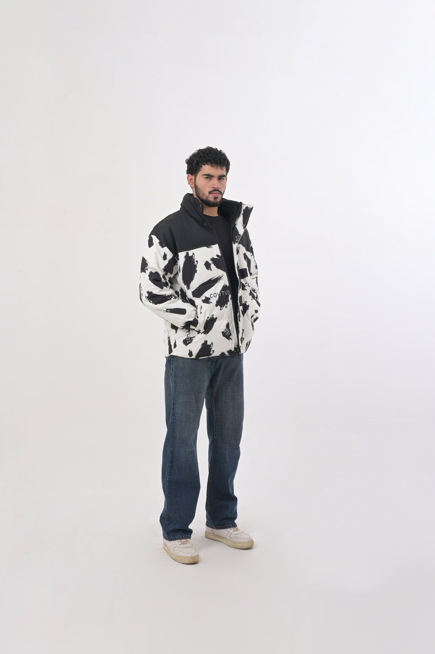 Monochrome Brushstroke Puffer Jacket