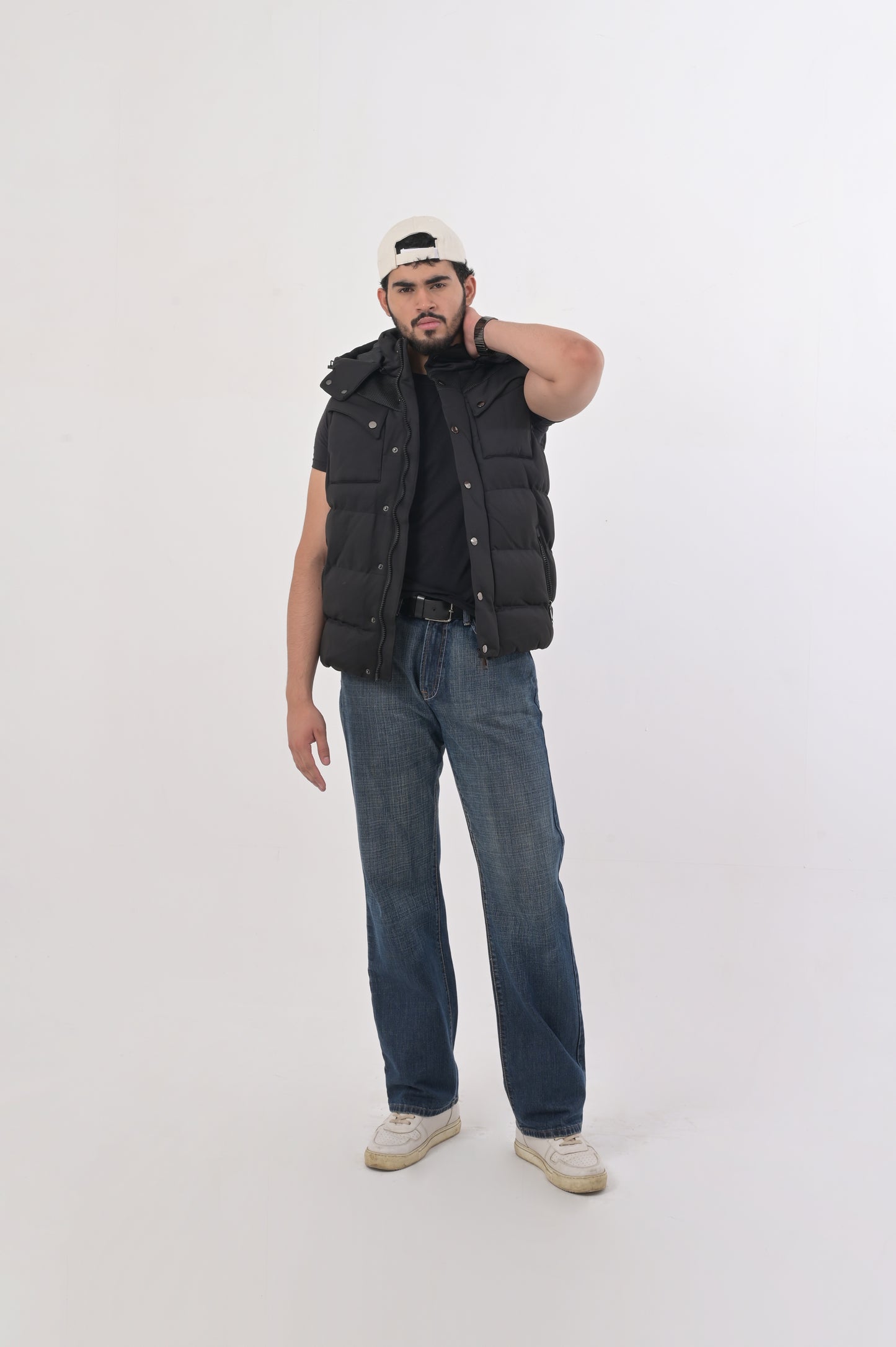 Black Utility Puffer Vest with Detachable Hood