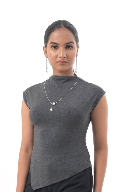 Charcoal Grey High-Neck Asymmetrical Top