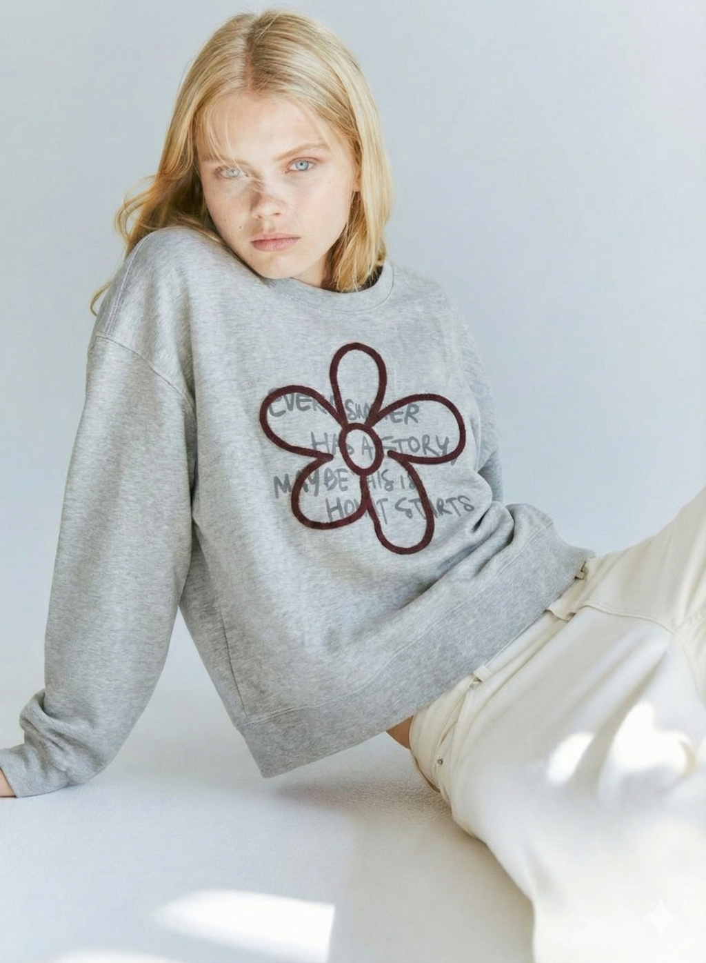 Gray Graphic Sweatshirt with Floral Accent