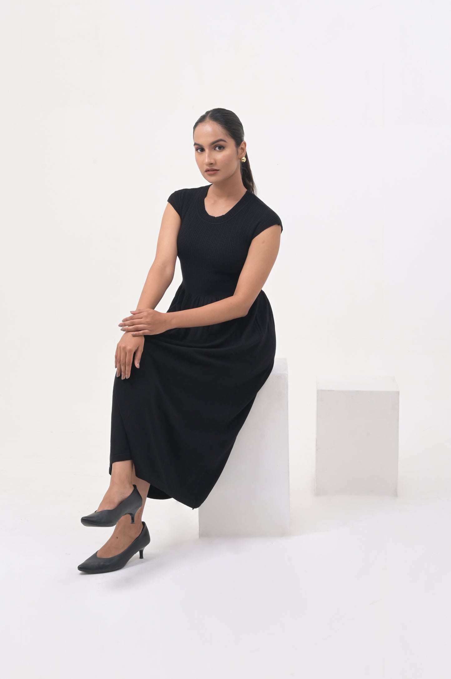 Black Midi Dress with Ribbed Bodice and Flowy Skirt