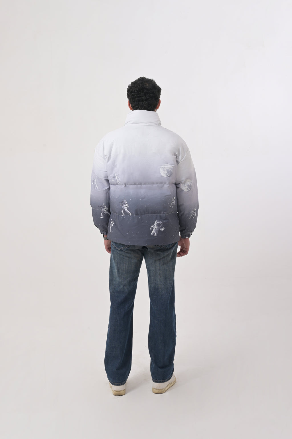 White Ombre Space Print Puffer Jacket