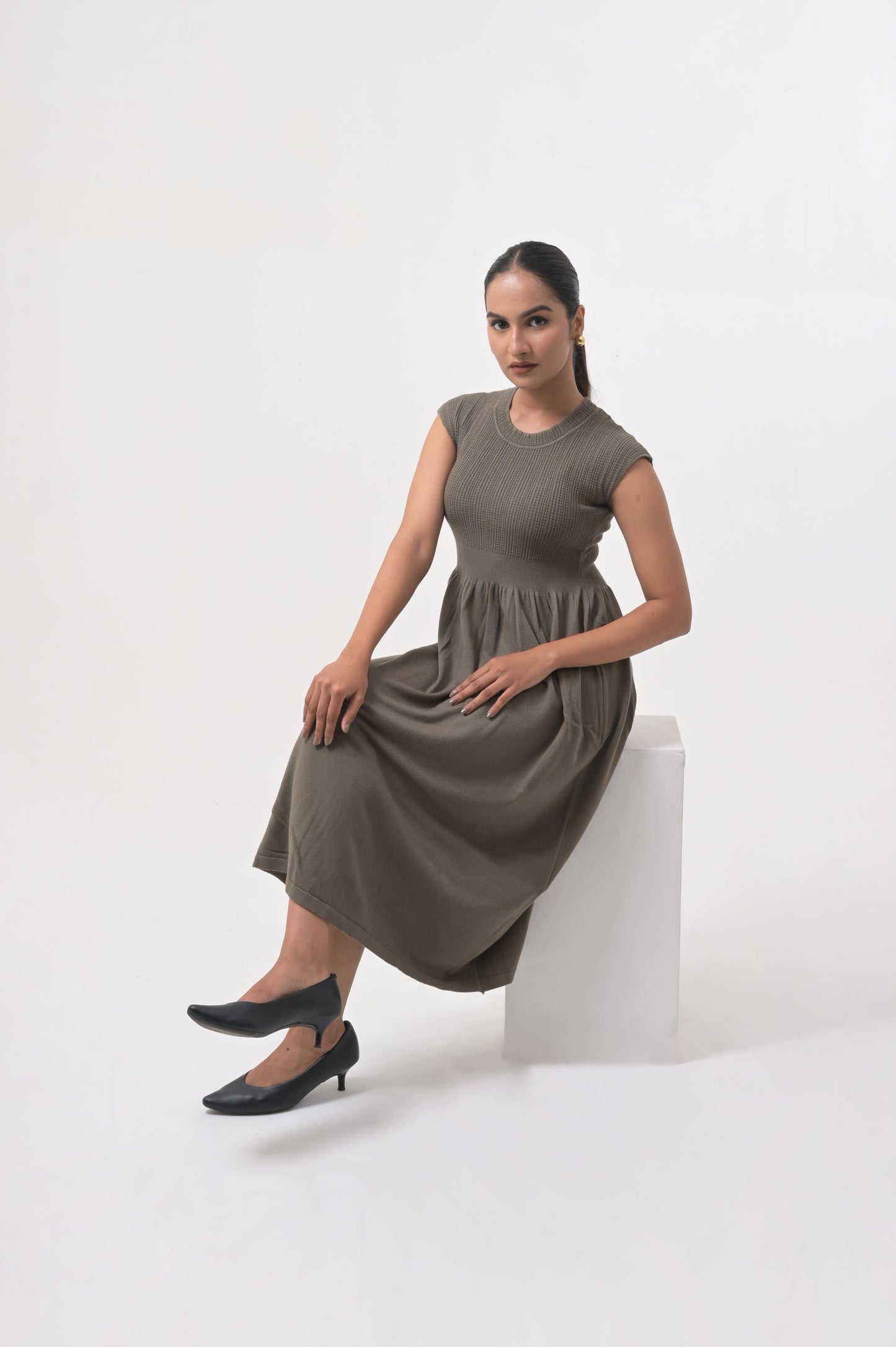 Olive Midi Dress with Ribbed Bodice and Flowy Skirt