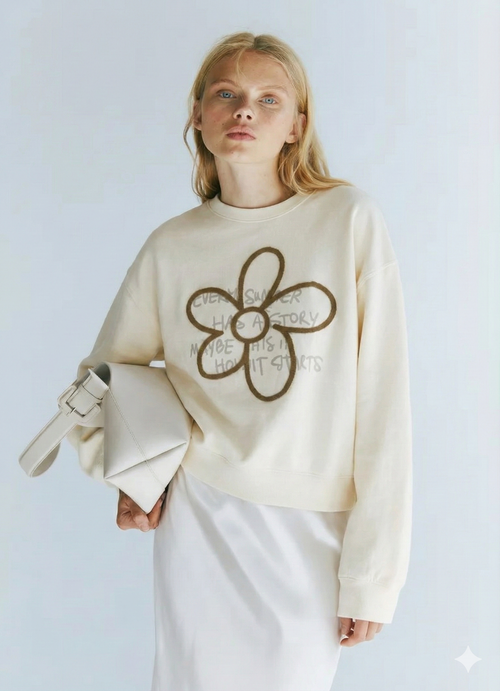 Biege Graphic Sweatshirt with Floral Accent