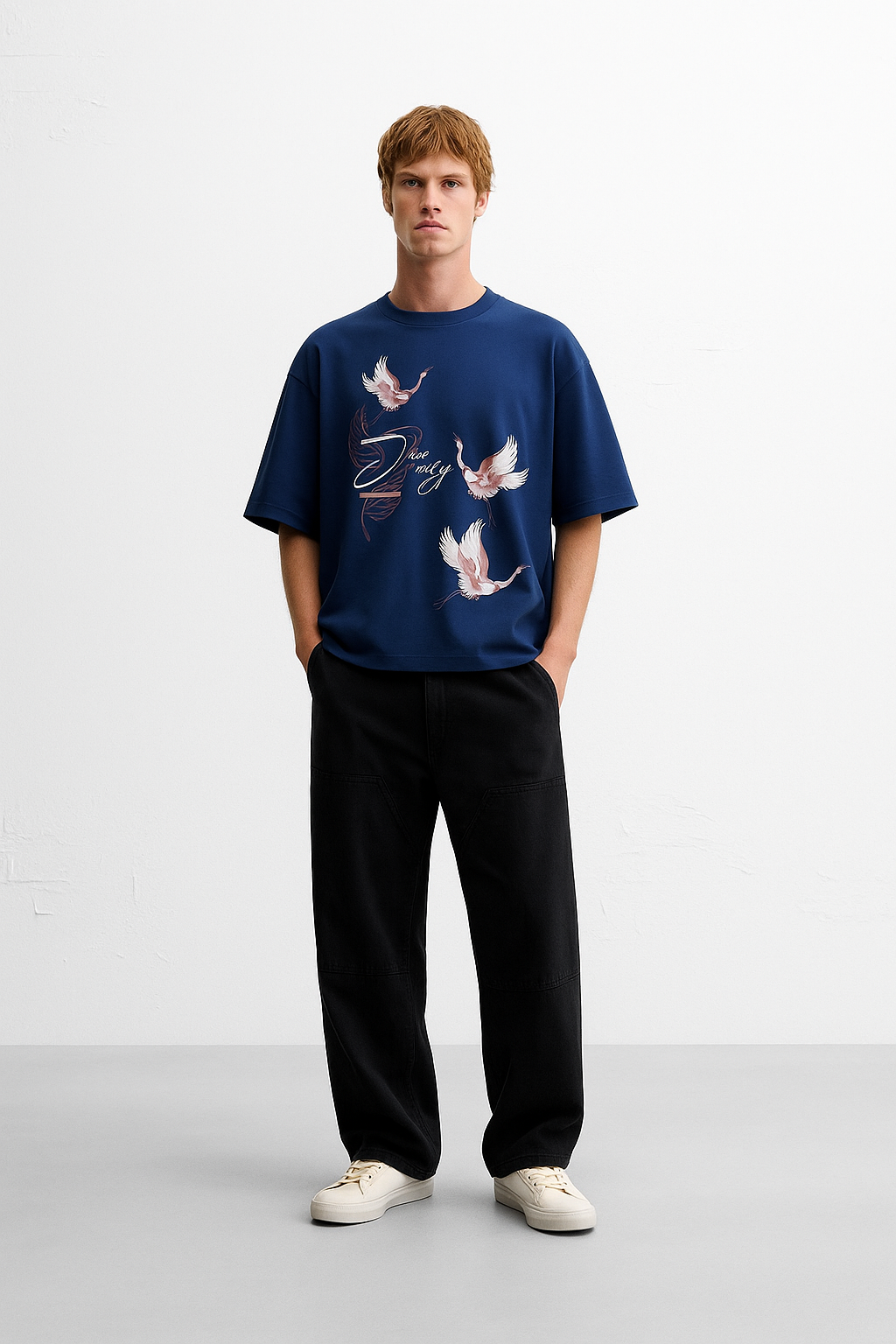 “Divine Motion” Oversized Graphic T-Shirt – Midnight Blue