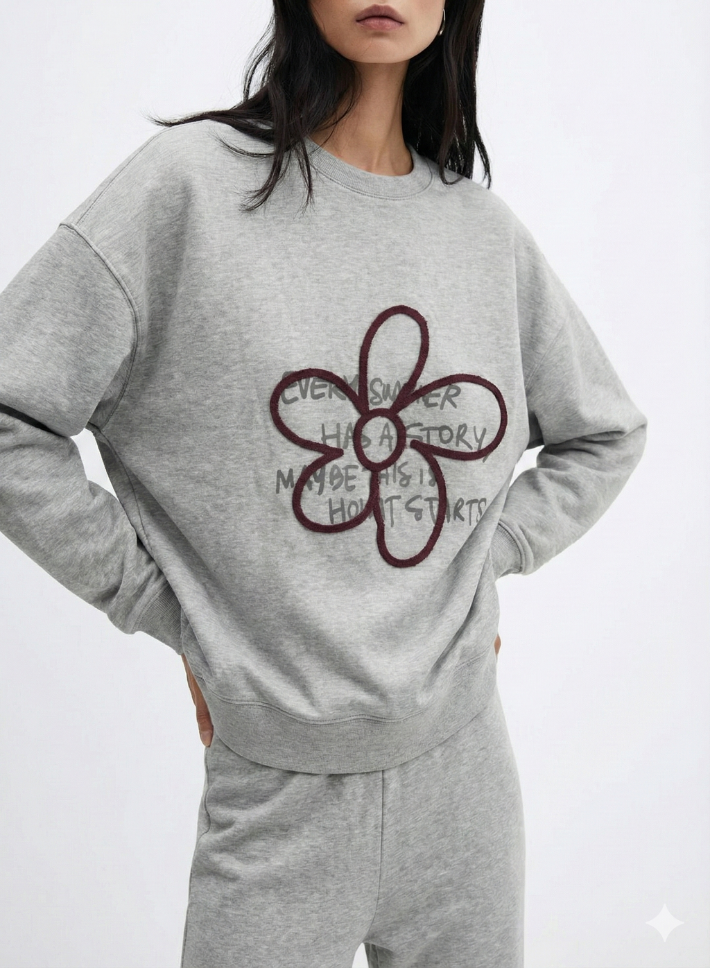 Gray Graphic Sweatshirt with Floral Accent