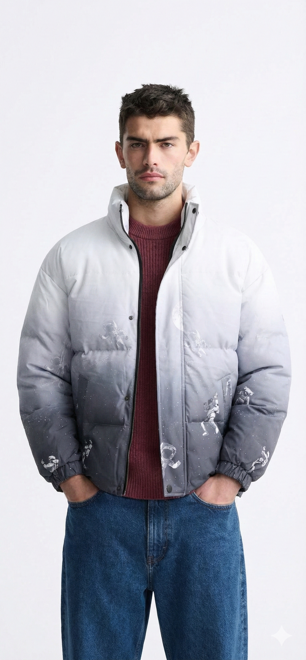White Ombre Space Print Puffer Jacket