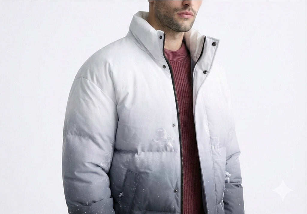 White Ombre Space Print Puffer Jacket