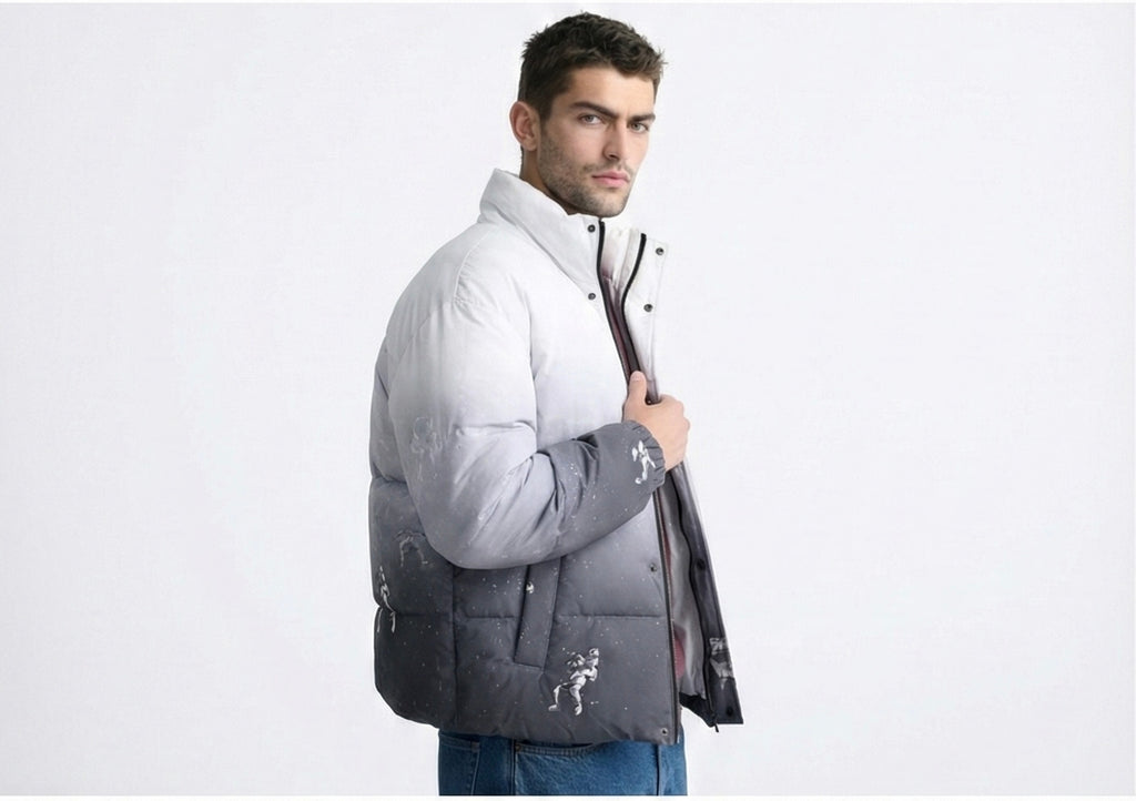 White Ombre Space Print Puffer Jacket