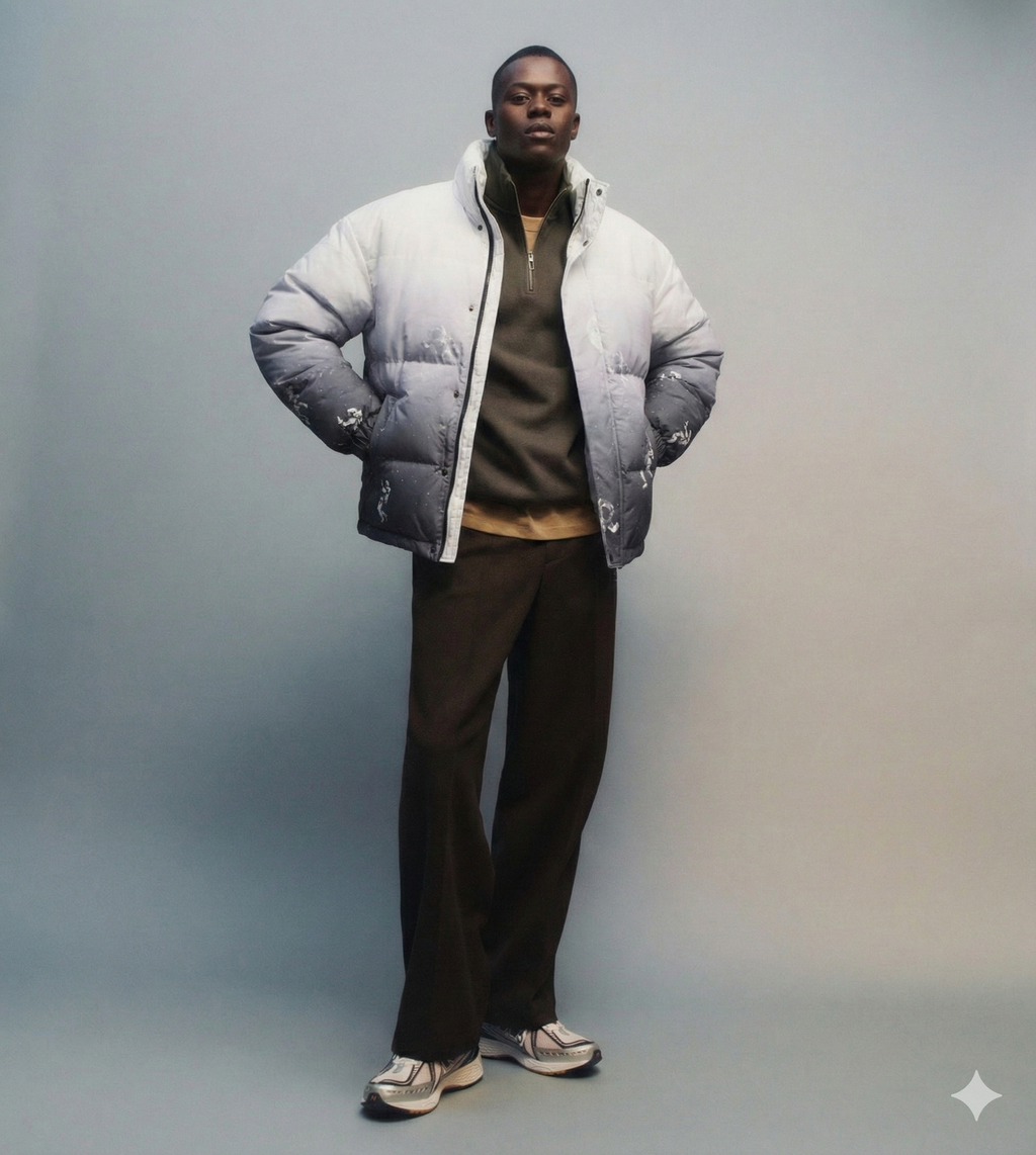 White Ombre Space Print Puffer Jacket