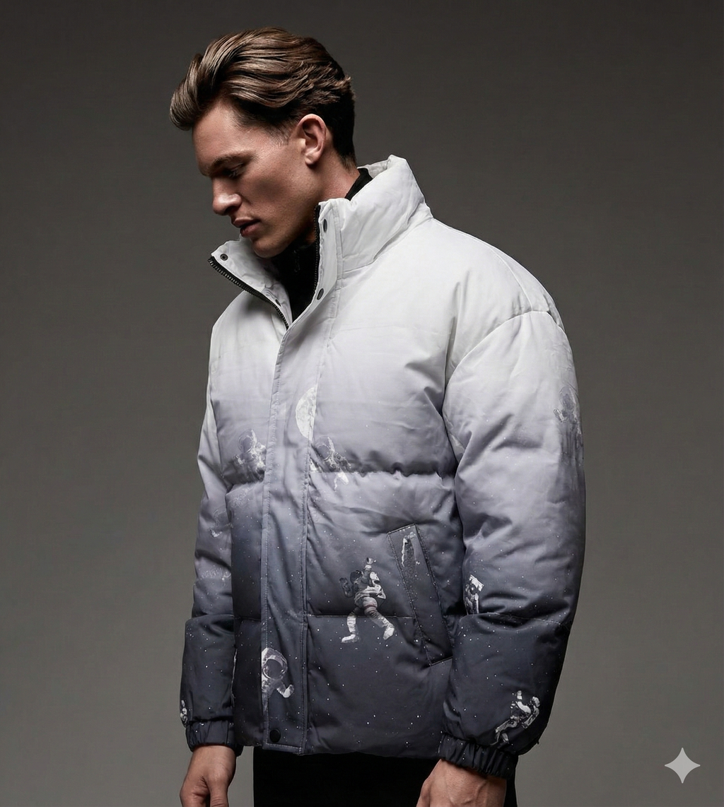 White Ombre Space Print Puffer Jacket