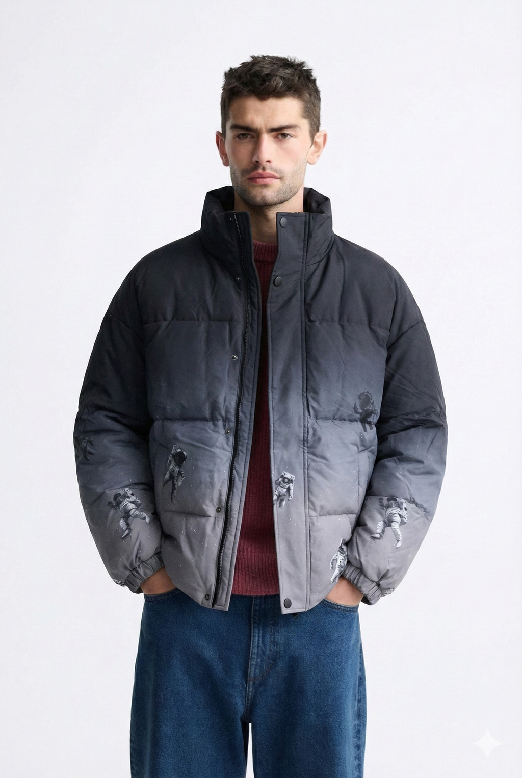 Dark Gray Ombre Space Print Puffer Jacket