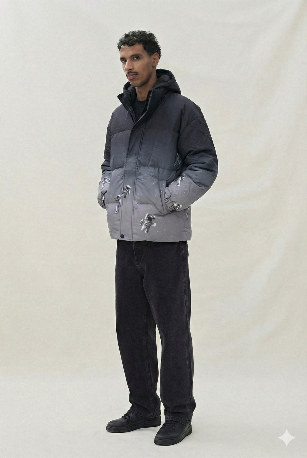 Dark Gray Ombre Space Print Puffer Jacket