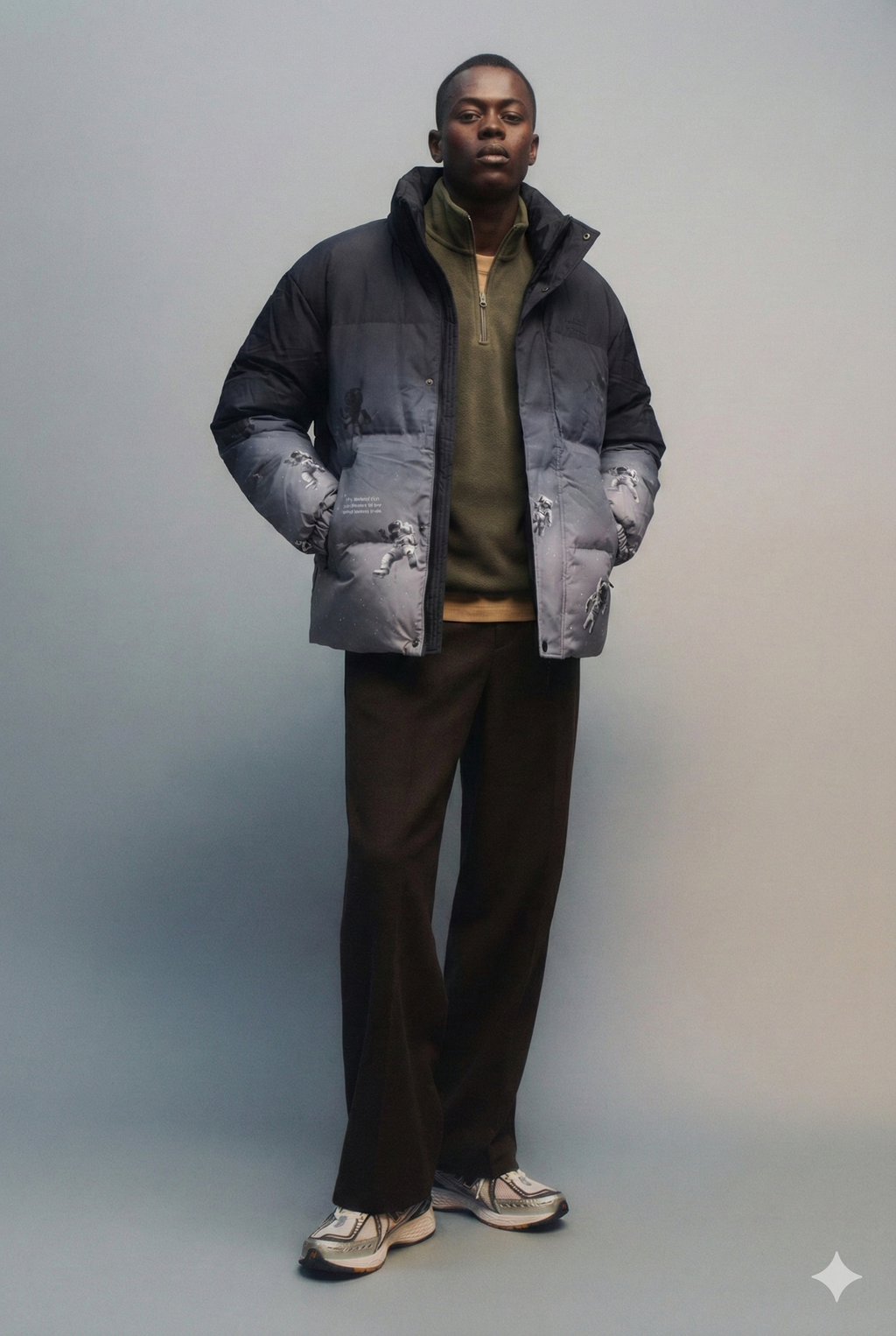 Dark Gray Ombre Space Print Puffer Jacket