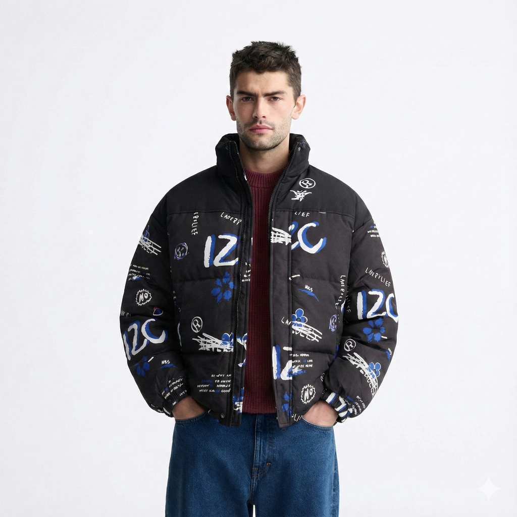Bold Black Graphic Print Puffer Jacket