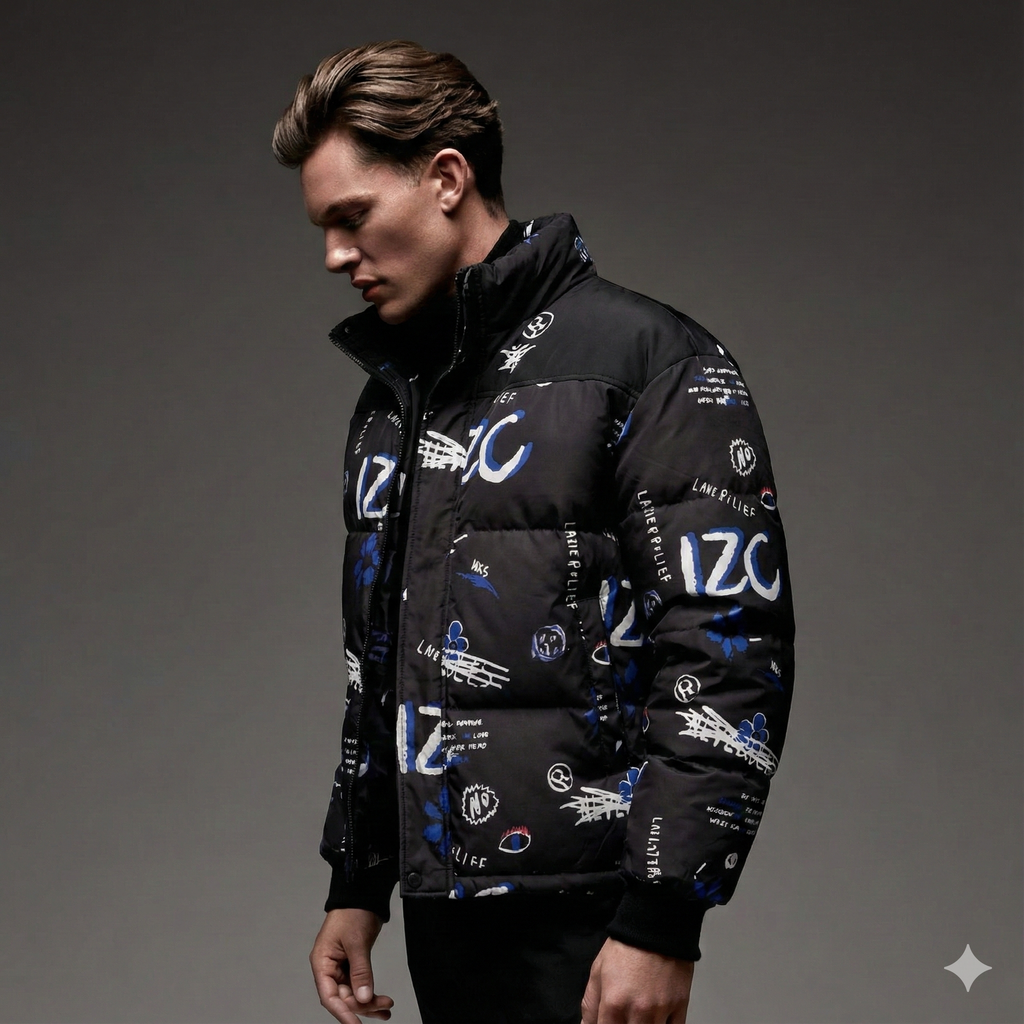 Bold Black Graphic Print Puffer Jacket