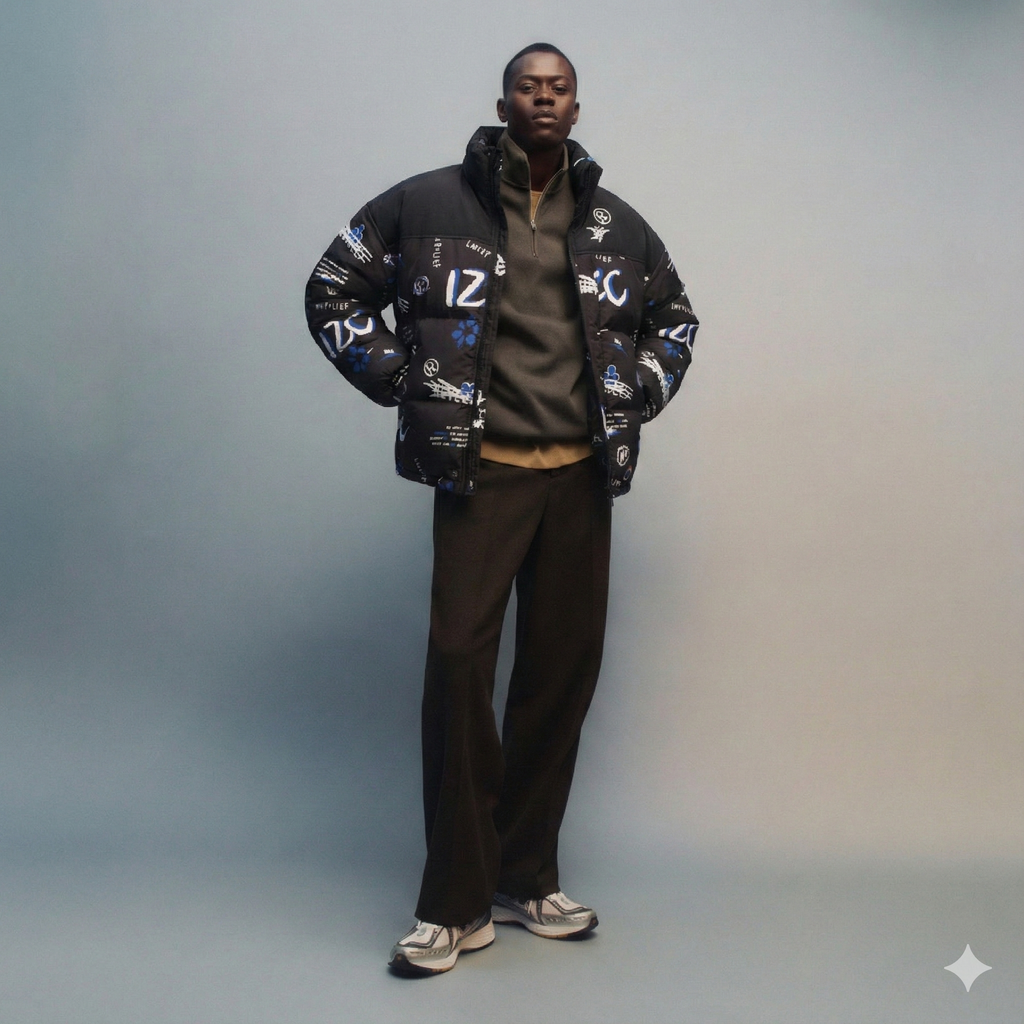 Bold Black Graphic Print Puffer Jacket