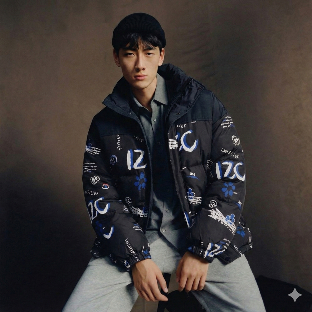 Bold Black Graphic Print Puffer Jacket