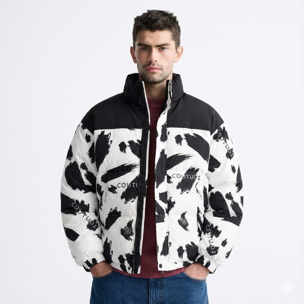 Monochrome Brushstroke Puffer Jacket