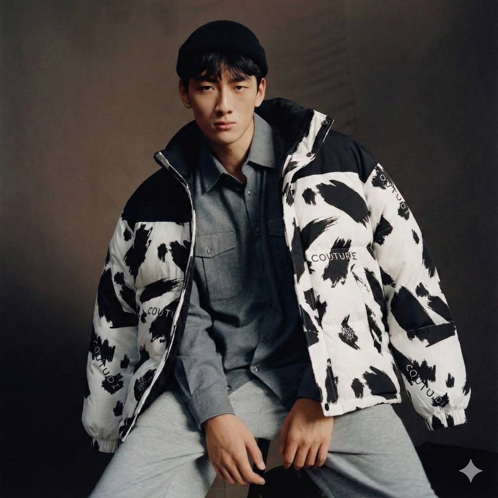 Monochrome Brushstroke Puffer Jacket