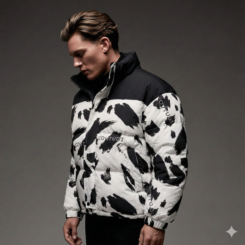 Monochrome Brushstroke Puffer Jacket