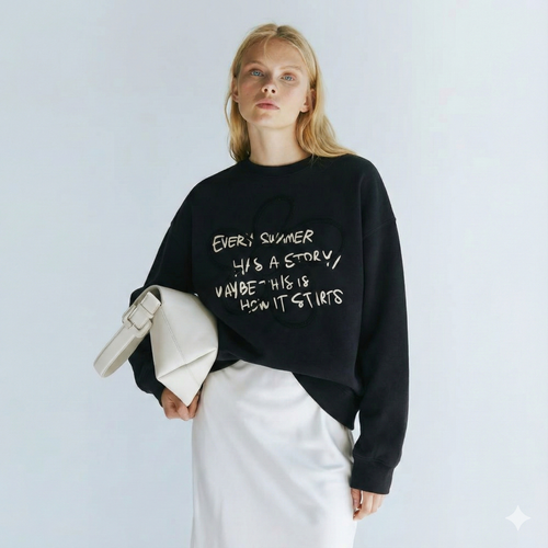 Black Graphic Sweatshirt with Floral Accent