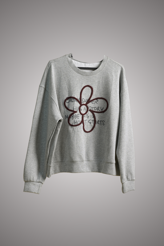 Gray Graphic Sweatshirt with Floral Accent