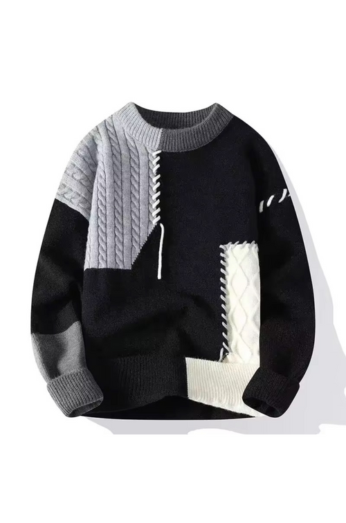 Black Colorblock Cable-Knit Sweater